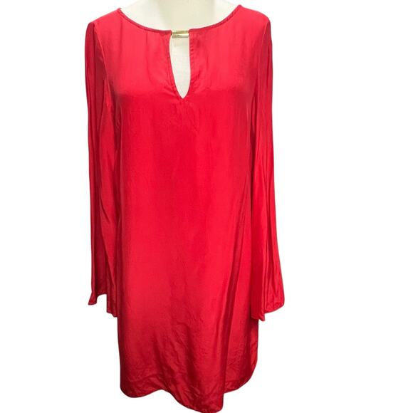Alice Trixie NYC Silk Shift Dress M Cherry Red Keyhole Neck Bell Sleeve Cocktail - Picture 1 of 15
